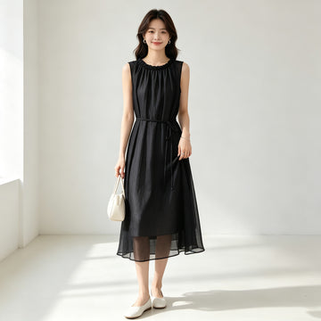 Đầm voan viền bèo buộc eo phong cách Hàn B4619