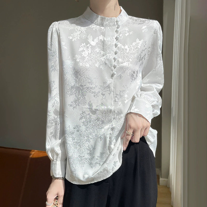 Áo Sơ Mi Nữ Tay Dài Phong Cách Trung Hoa - Cổ Đứng Dệt Jacquard, Cài Cúc Truyền Thống, Thanh Lịch