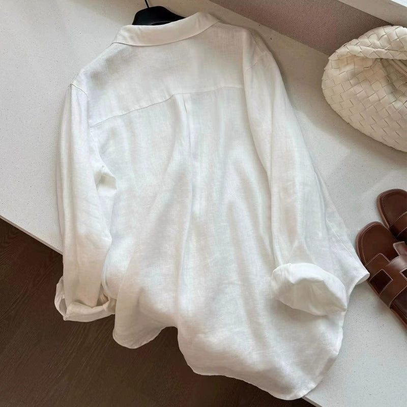 Áo Sơ Mi Nữ Vải Lanh Trắng Dáng Rộng Tay Dài Chống Nắng