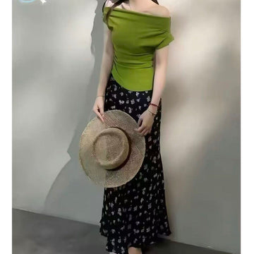 2-piece set: Off-shoulder top + Floral chiffon skirt B030
