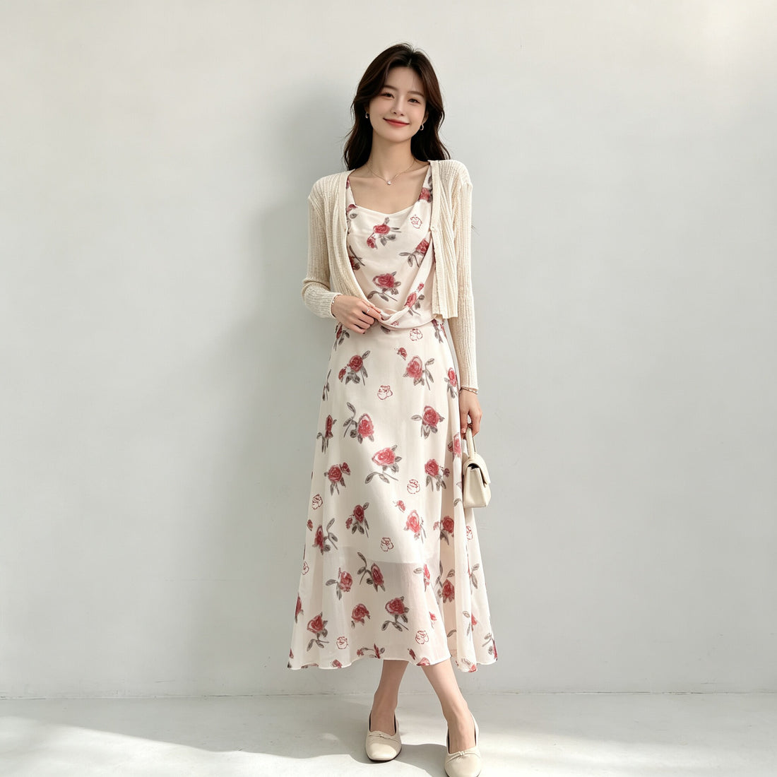 2-piece set: French-style floral mini-dress + cardigan B681