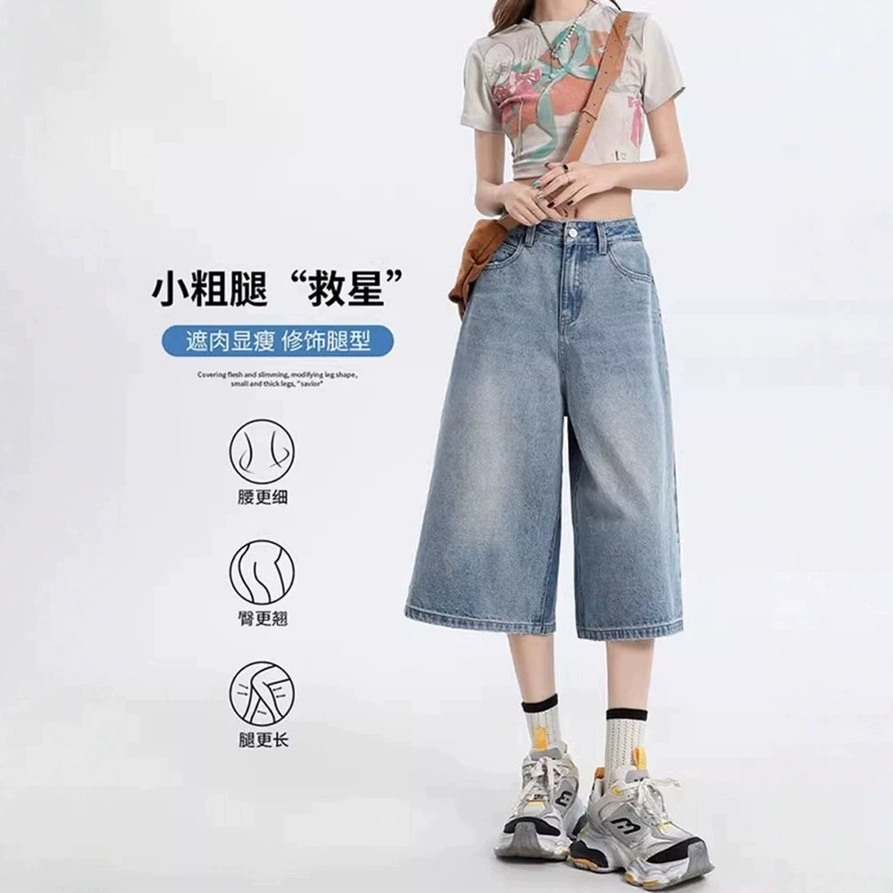 Quần Jean Nữ Ống Rộng Dáng Lửng Cạp Cao Cổ Điển - Chất Denim Co Giãn, Tôn Dáng Che Bắp, Cỡ Lớn