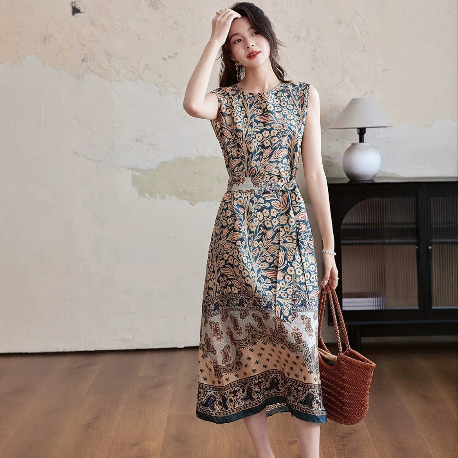 Đầm Voan Hoa Cổ Tròn Dáng Dài Phong Cách Nghỉ Dưỡng Châu Âu