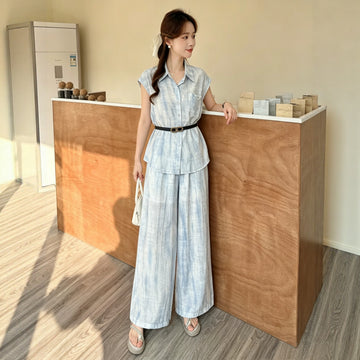 Set 2 món sơ mi chiết eo + quần ống rộng lưng cao B592