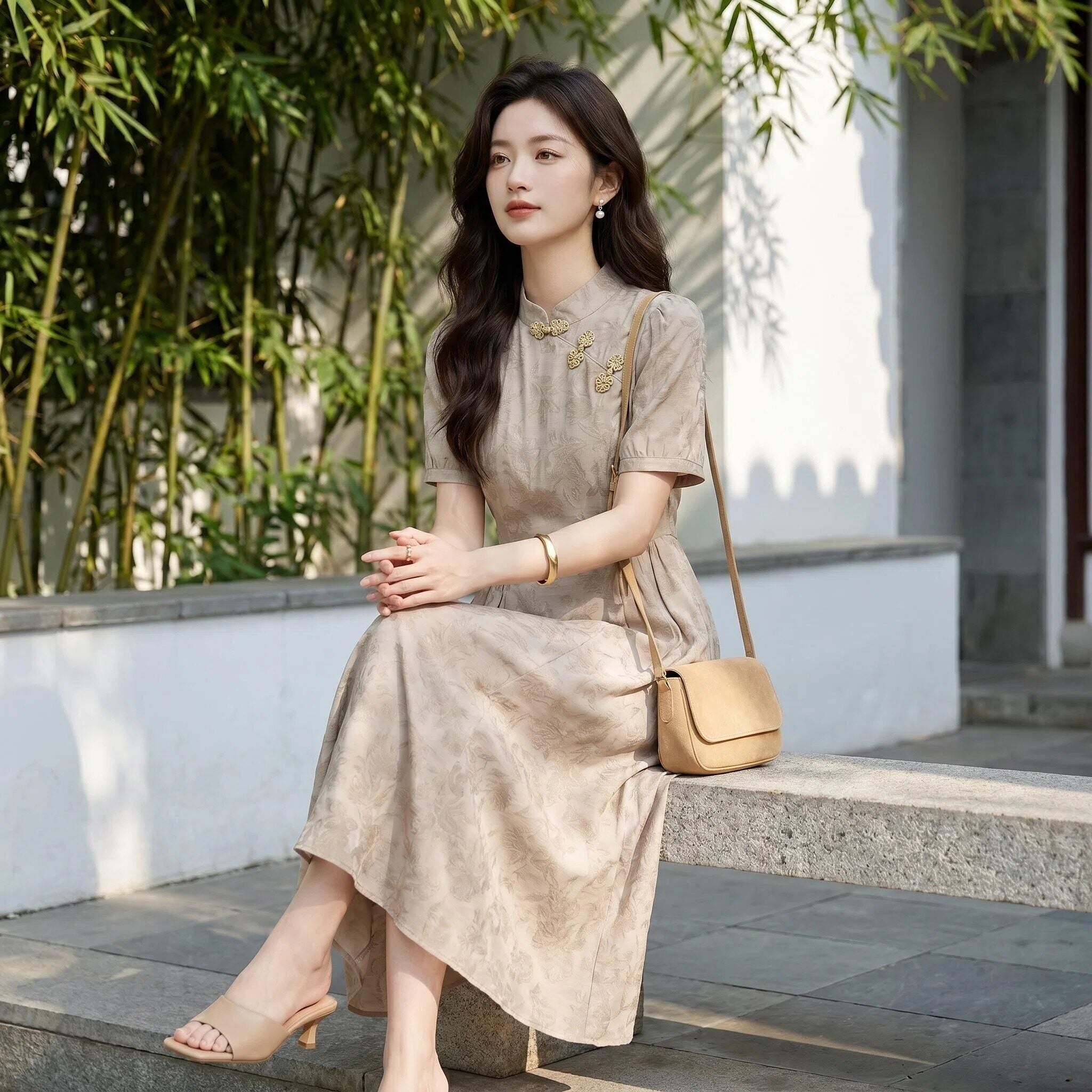 Đầm tân trung hoa nút thắt thiết kế B4608