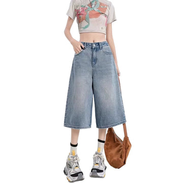 Quần Jean Nữ Ống Rộng Dáng Lửng Cạp Cao Cổ Điển - Chất Denim Co Giãn, Tôn Dáng Che Bắp, Cỡ Lớn