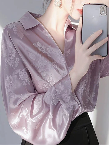 Áo sơ mi satin jacquard màu tím, kiểu Pháp, dài tay, phong cách độc đáo D108250