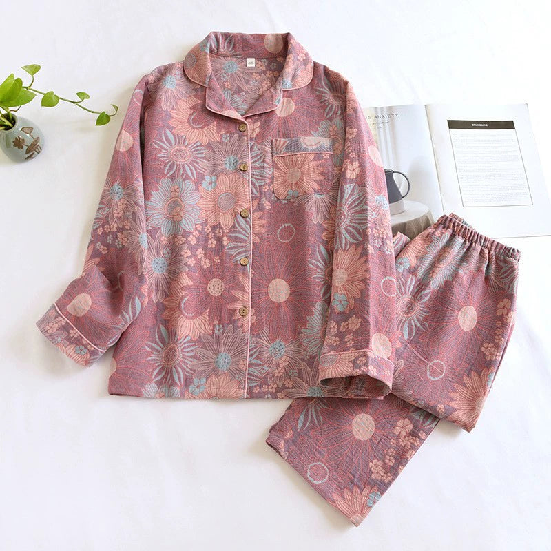 Bộ Đồ Ngủ Pyjama Vải Xô Cotton Jacquard Dài Tay Họa Tiết Vintage