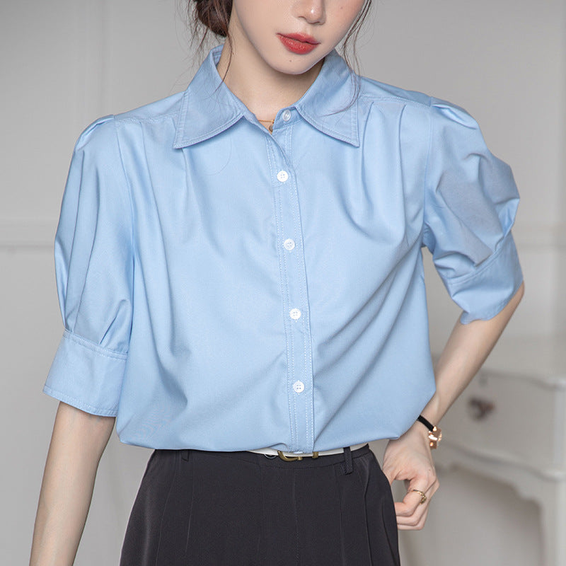 Áo sơ mi trơn cộc tay phong cách kiểu Pháp hai màu thich hợp công sở D438240