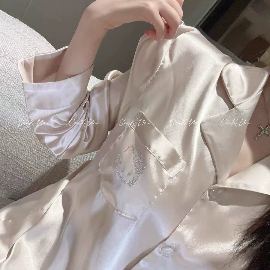 Bộ Đồ Ngủ Pijama Nữ Chất Mô Phỏng Lụa Đính Đá - Áo Dài Tay Phối Quần Dài, Sang Trọng