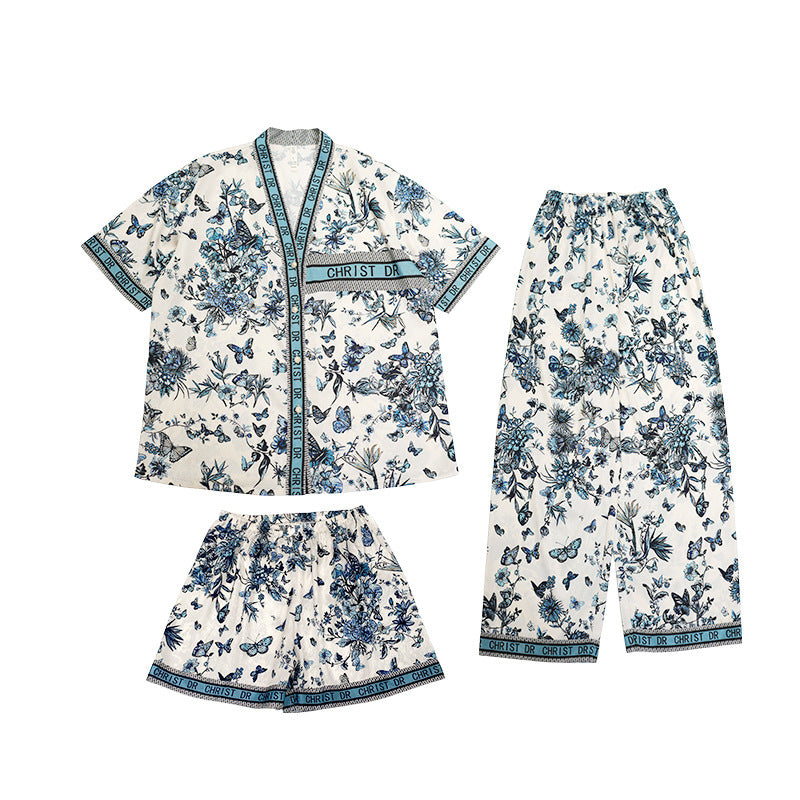 Đồ ngủ Pijama lụa cao cấp 3 món họa tiết xanh hoàng gia sang trọng DN418240