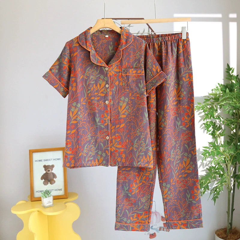 Bộ đồ ngủ cotton họa tiết Jacquard hoa lá - áo cổ vest, quần dài