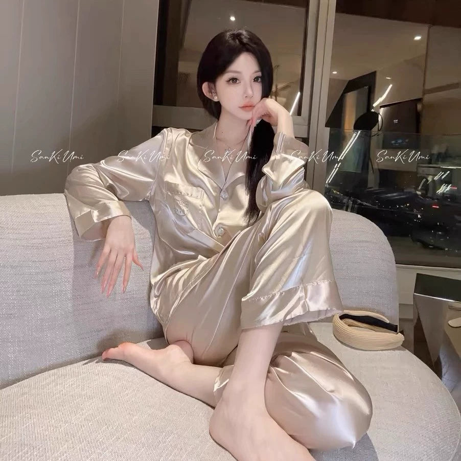 Bộ Đồ Ngủ Pijama Nữ Chất Mô Phỏng Lụa Đính Đá - Áo Dài Tay Phối Quần Dài, Sang Trọng
