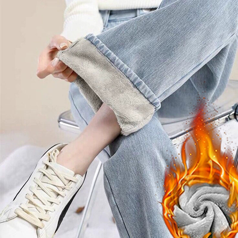 Quần jean nữ ống rộng lót nỉ ấm - cạp cao dày dặn mùa đông
