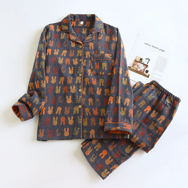 Bộ Đồ Ngủ Pyjama Vải Xô Cotton Jacquard Dài Tay Họa Tiết Vintage