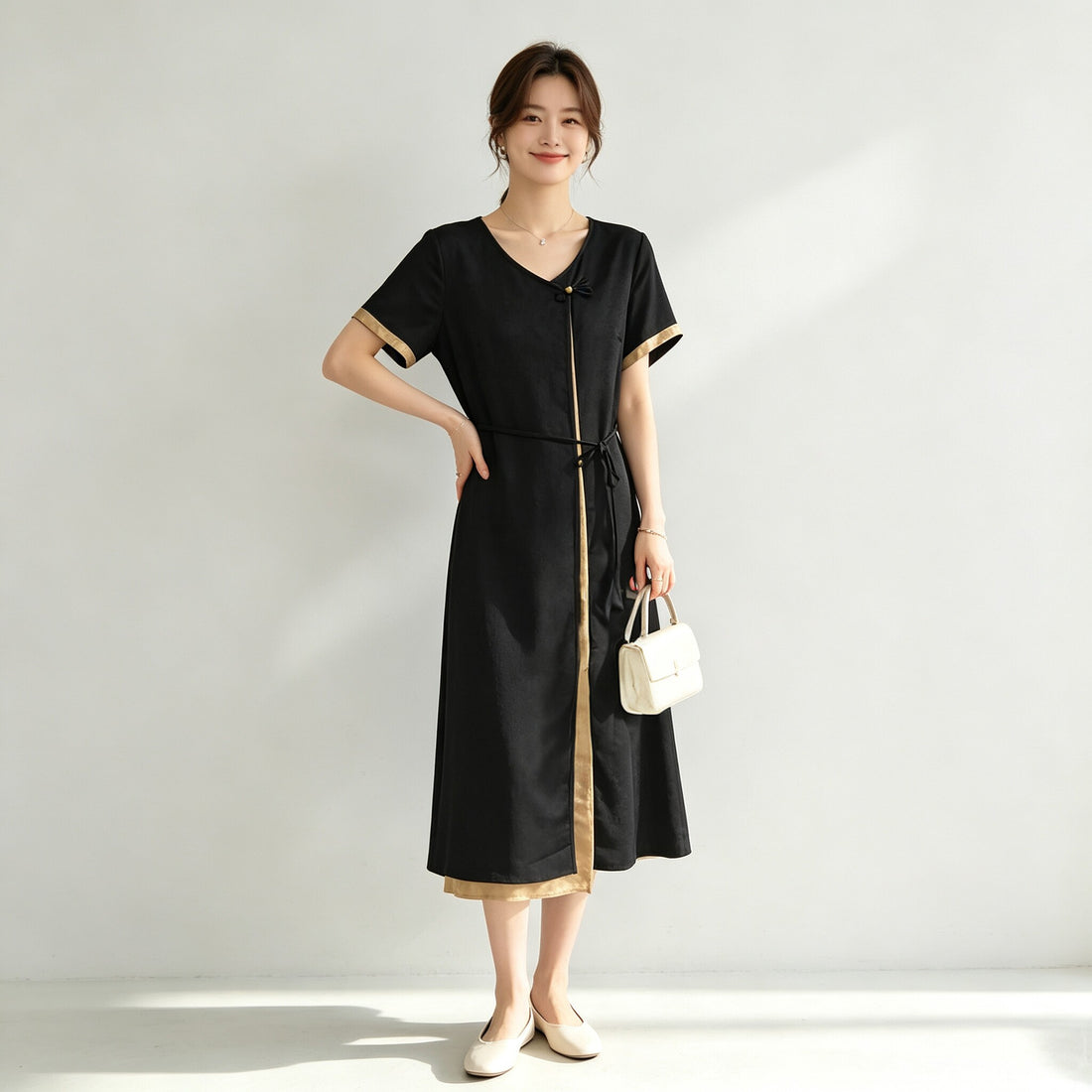 Đầm sa tanh giả 2 lớp dây buộc tân trung hoa B0626