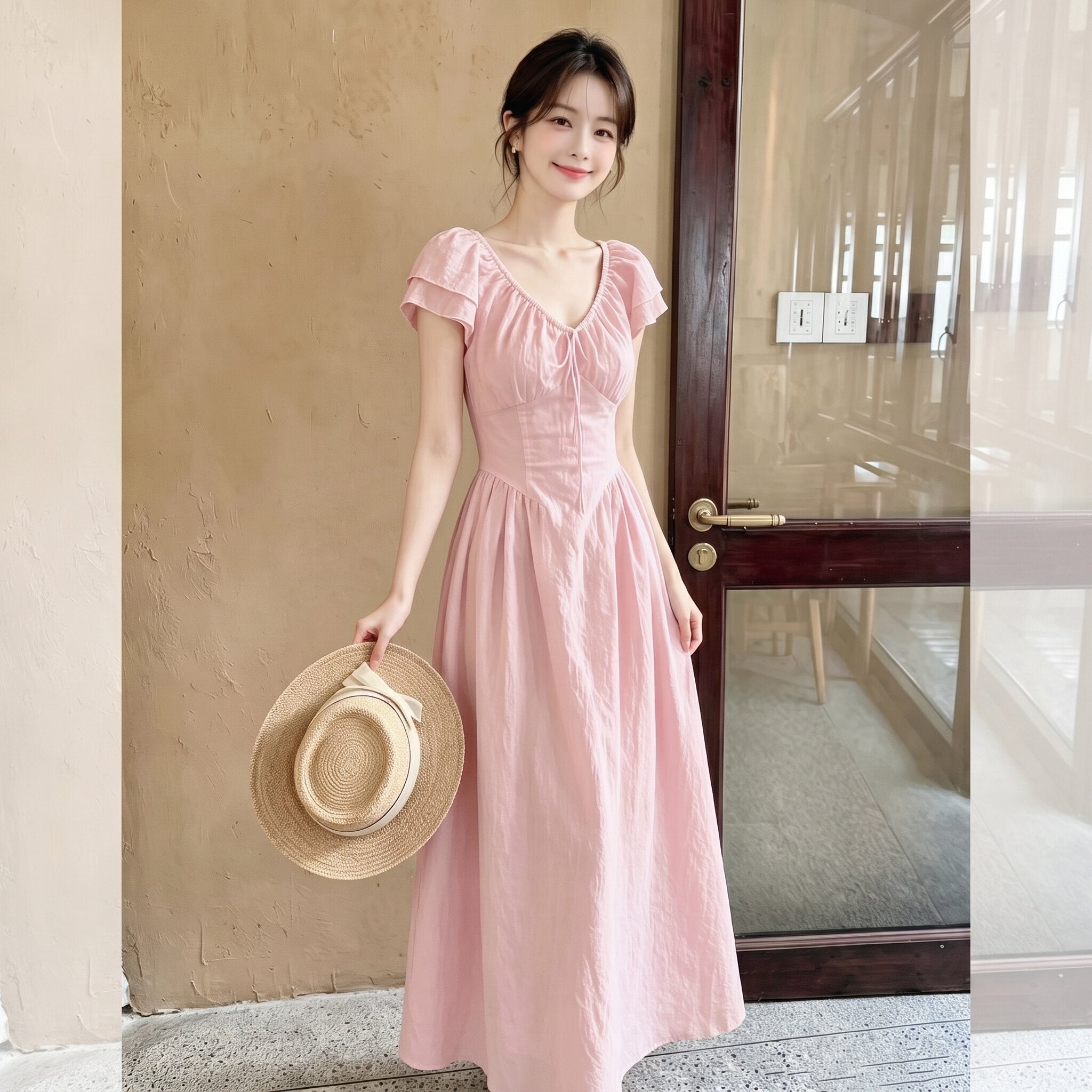 Đầm dài trơn màu chiết eo phong cách Pháp B569