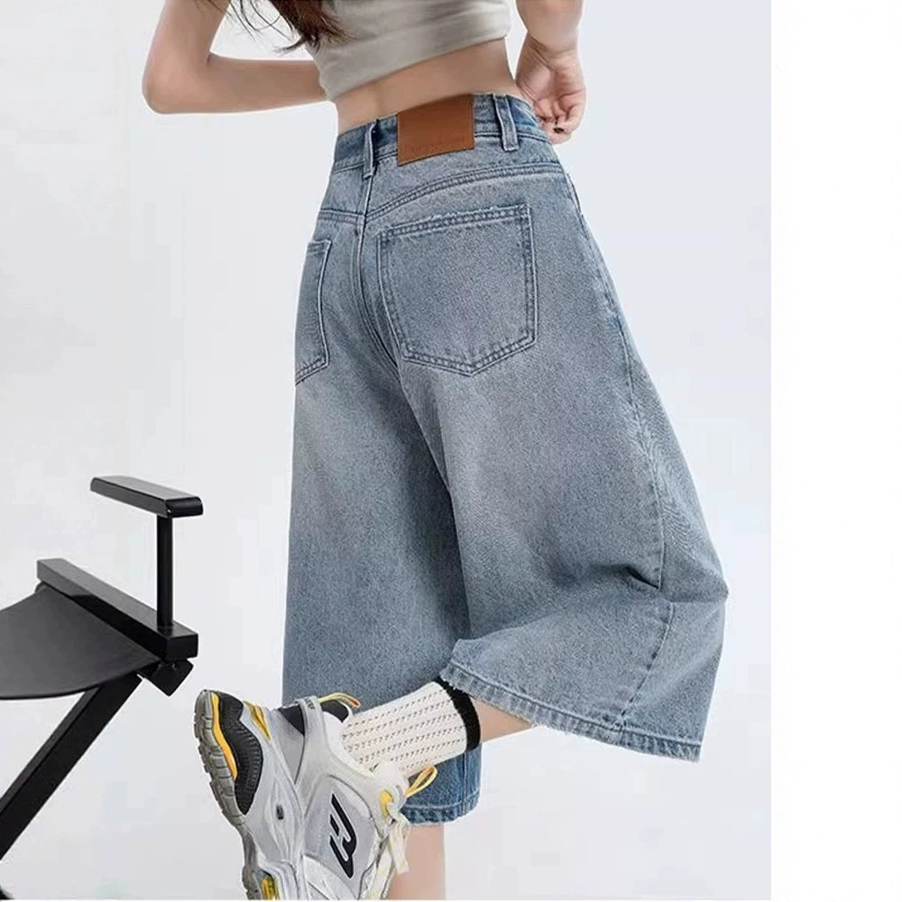 Quần Jean Nữ Ống Rộng Dáng Lửng Cạp Cao Cổ Điển - Chất Denim Co Giãn, Tôn Dáng Che Bắp, Cỡ Lớn