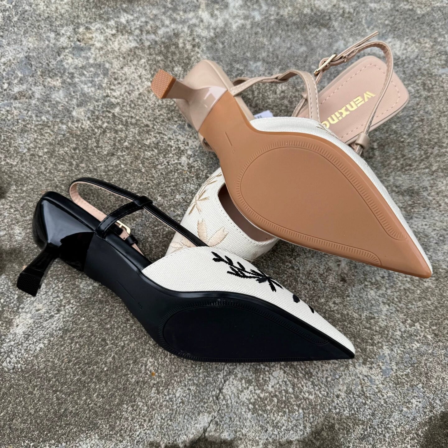 Giày cao gót mũi nhọn hở gót thêu hoa phong cách Pháp - quai sau, gót thanh mảnh 6-8cm