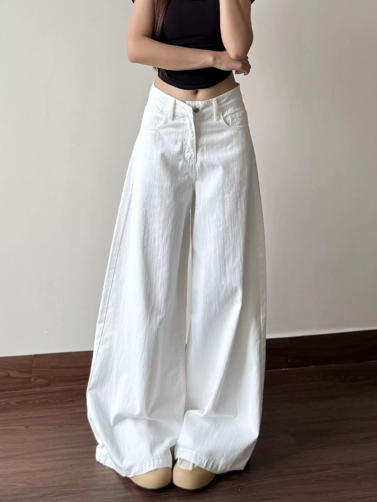 Quần Jeans Trắng Ống Rộng Cạp Thấp Tôn Dáng