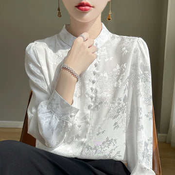 Áo Sơ Mi Nữ Tay Dài Phong Cách Trung Hoa - Cổ Đứng Dệt Jacquard, Cài Cúc Truyền Thống, Thanh Lịch
