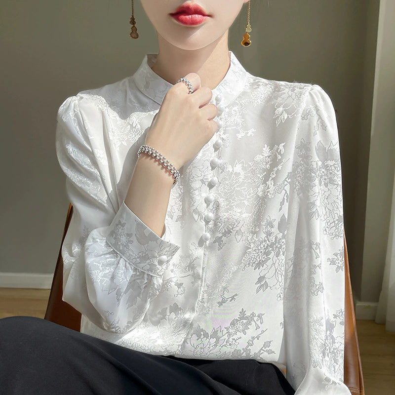 Áo Sơ Mi Nữ Tay Dài Phong Cách Trung Hoa - Cổ Đứng Dệt Jacquard, Cài Cúc Truyền Thống, Thanh Lịch