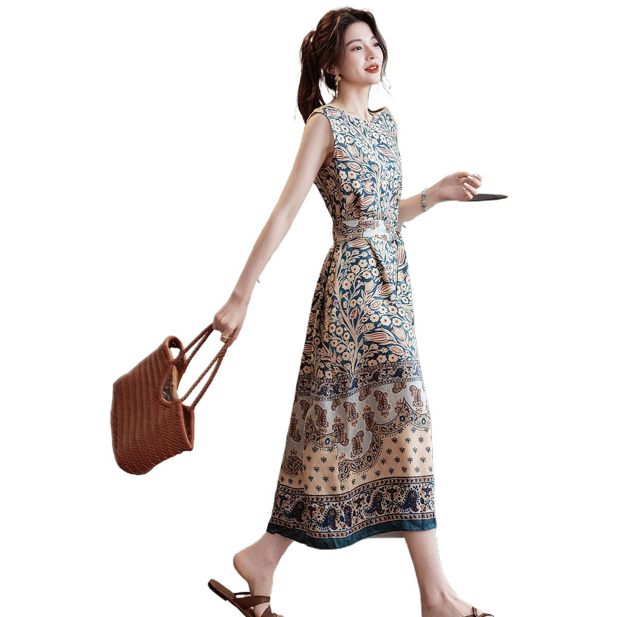Đầm Voan Hoa Cổ Tròn Dáng Dài Phong Cách Nghỉ Dưỡng Châu Âu
