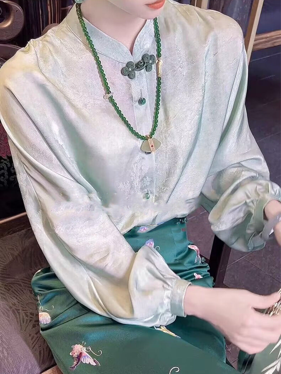 Áo lụa tơ tằm dâu tằm màu xanh lá cây Zhensi, nút jacquard cổ điển, phong cách Trung Hoa D112250