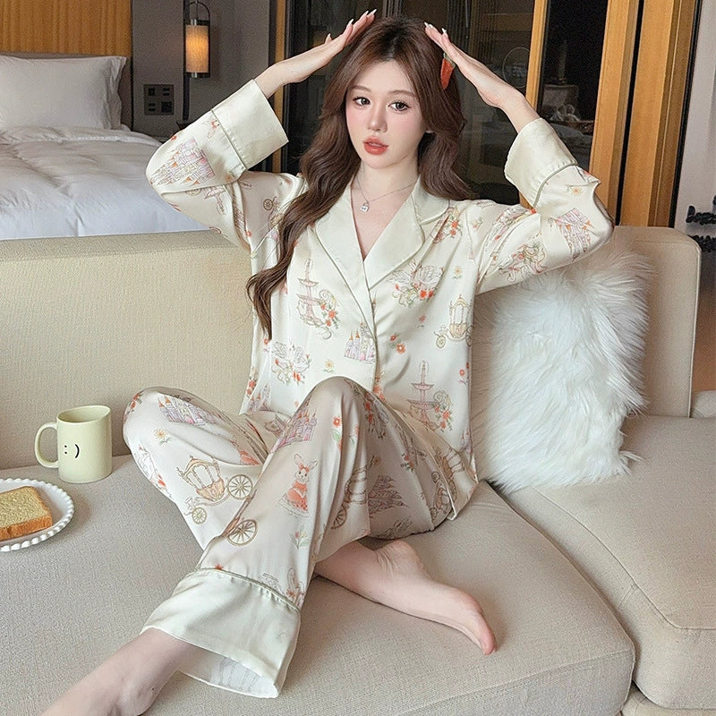 Bộ đồ ngủ lụa băng tay dài phong cách Pháp - vải lụa nhân tạo mát mẻ, nhiều hoạ tiết