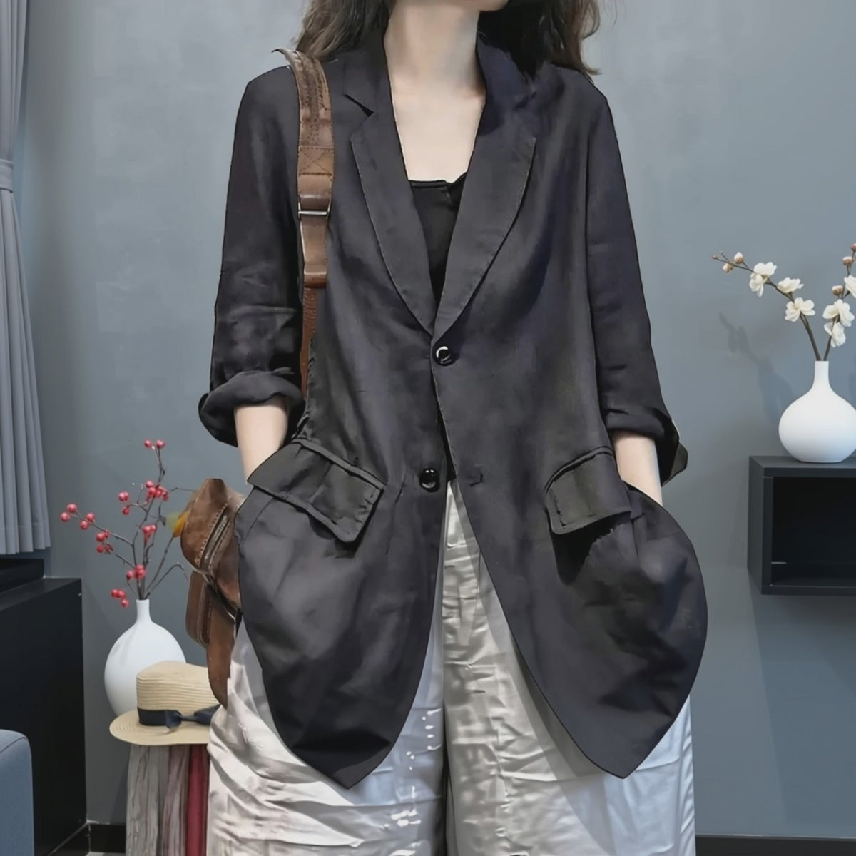 Áo Blazer Vest Lanh Đen Dáng Dài Rộng – Phong Cách Châu Âu, Hè 2026