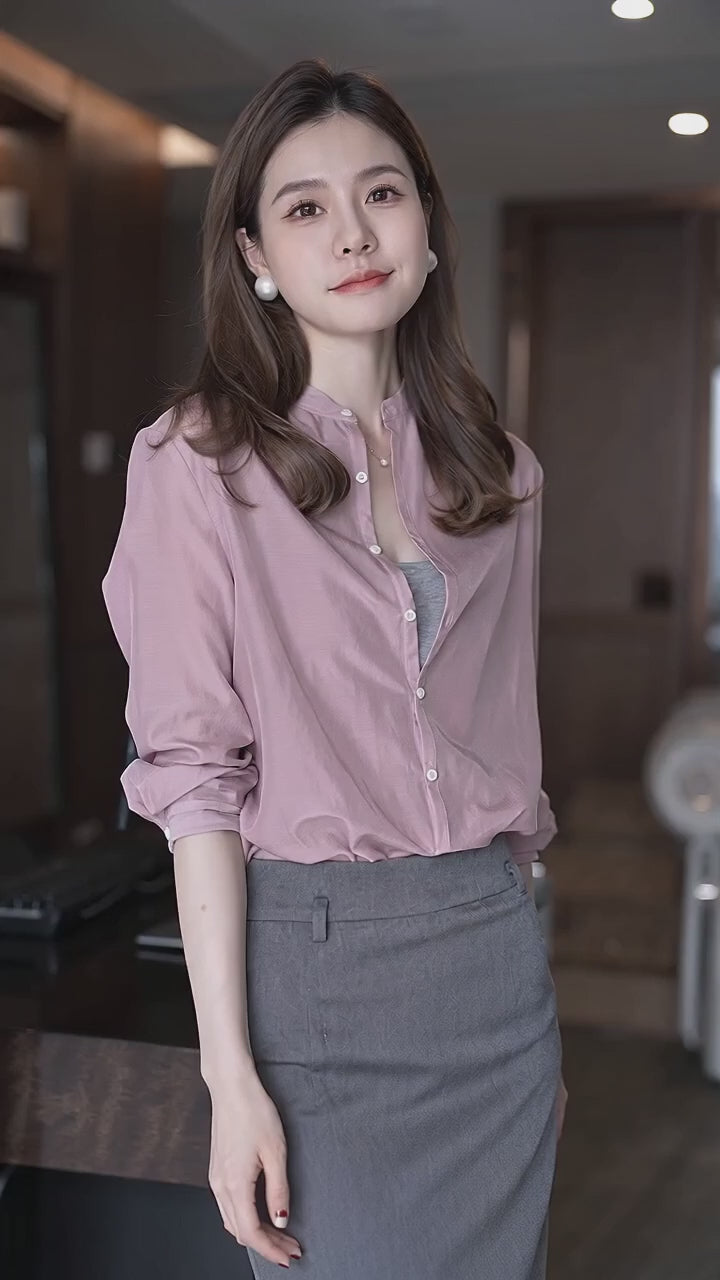 2025 프렌치 스타일 여성 스탠드 칼라 셔츠 – 우아한 루즈핏 긴팔 D200250