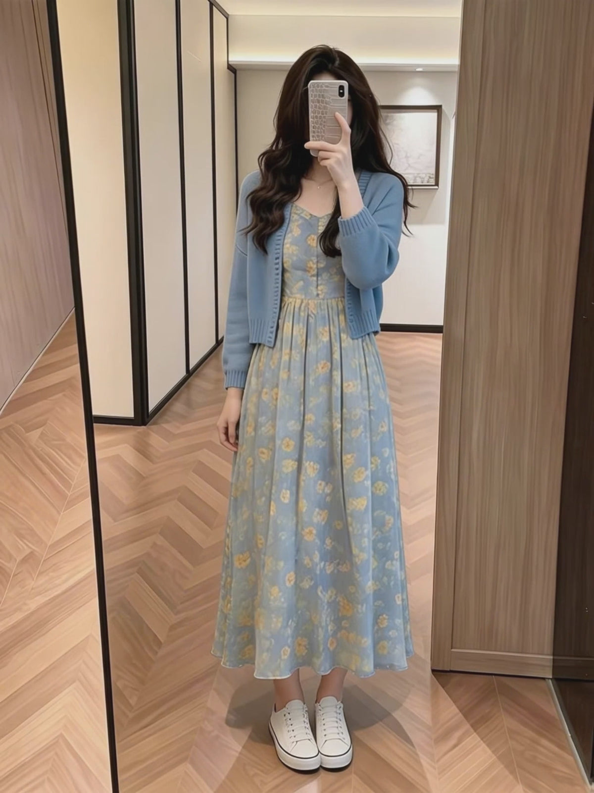Váy hoa xanh phong cách Hàn Quốc, cardigan cao cấp khí chất sang trọng D106250