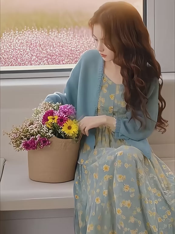 Váy hoa xanh phong cách Hàn Quốc, cardigan cao cấp khí chất sang trọng D106250