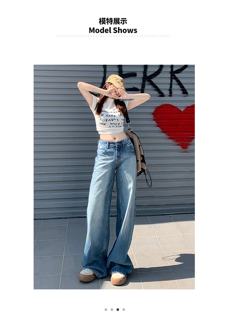 Quần jeans ống rộng cạp thấp phong cách Hàn Quốc màu xanh wash rách nhẹ QJ056250