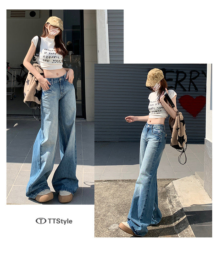 찢어진 디테일 로우라이즈 와이드 레그 진 QJ056250