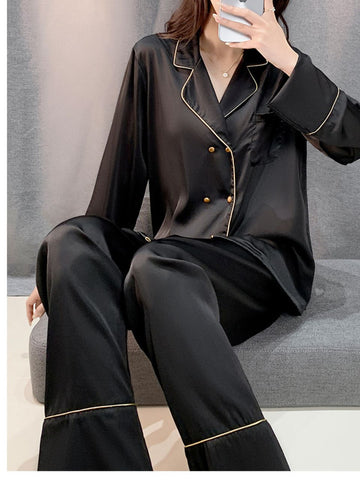 Đồ ngủ Pijama lụa xước hàng hiệu đen viền trắng đơn giản DN422240