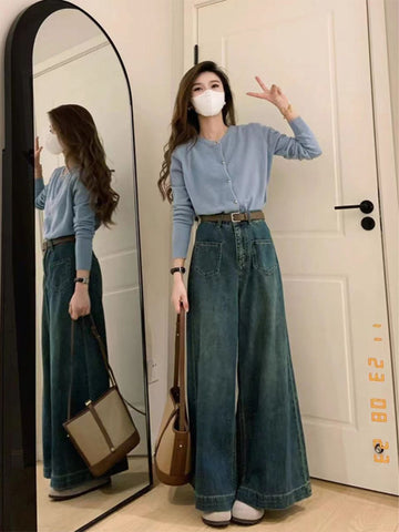  Quần Jean ống rộng cạp cao phối hai túi trước bên phong cách Hàn Quốc QJ115240