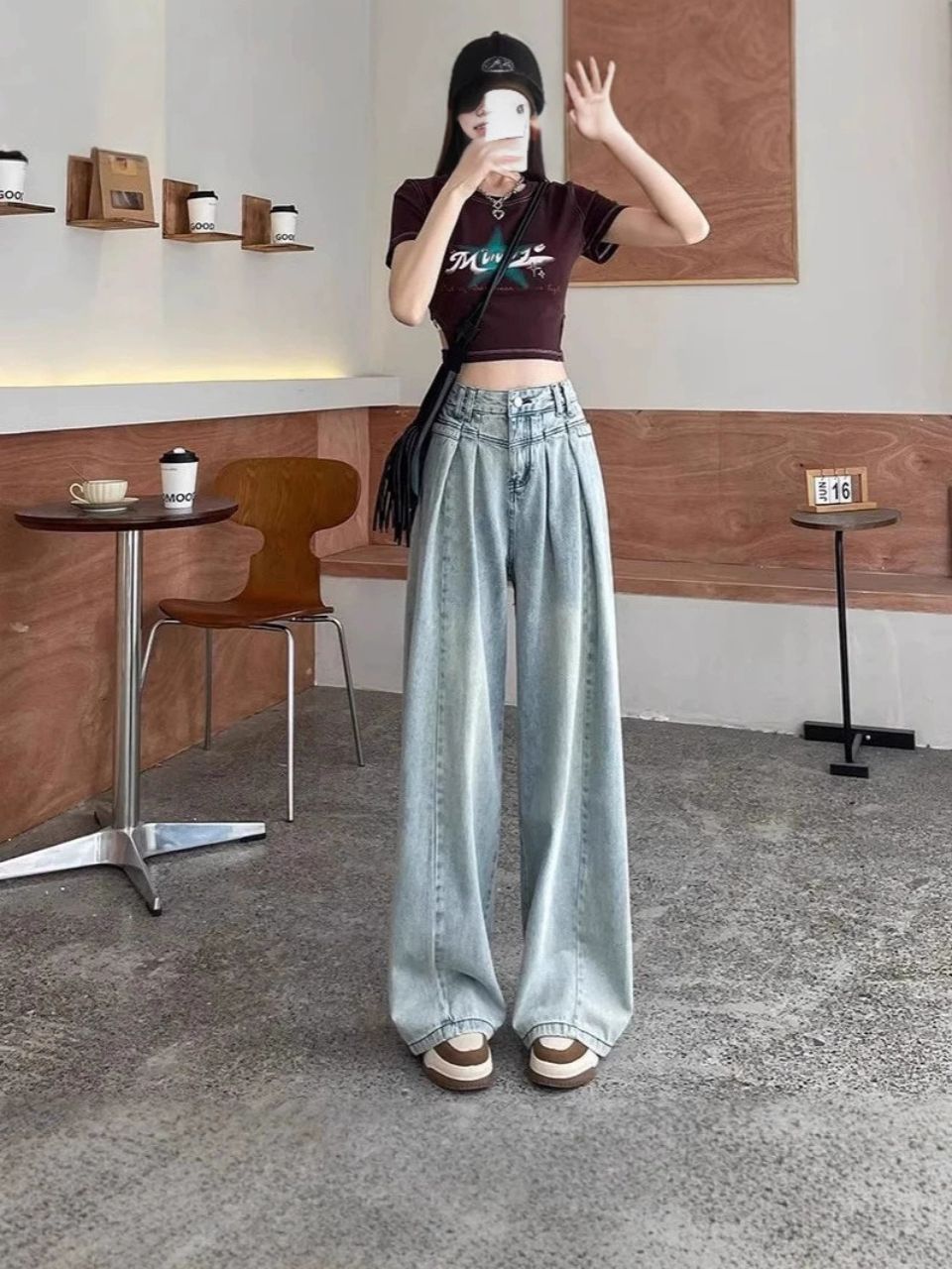 Quần jeans ống rộng xếp ly màu xanh nhạt cạp cao Quảng Châu Xiny QJ050250