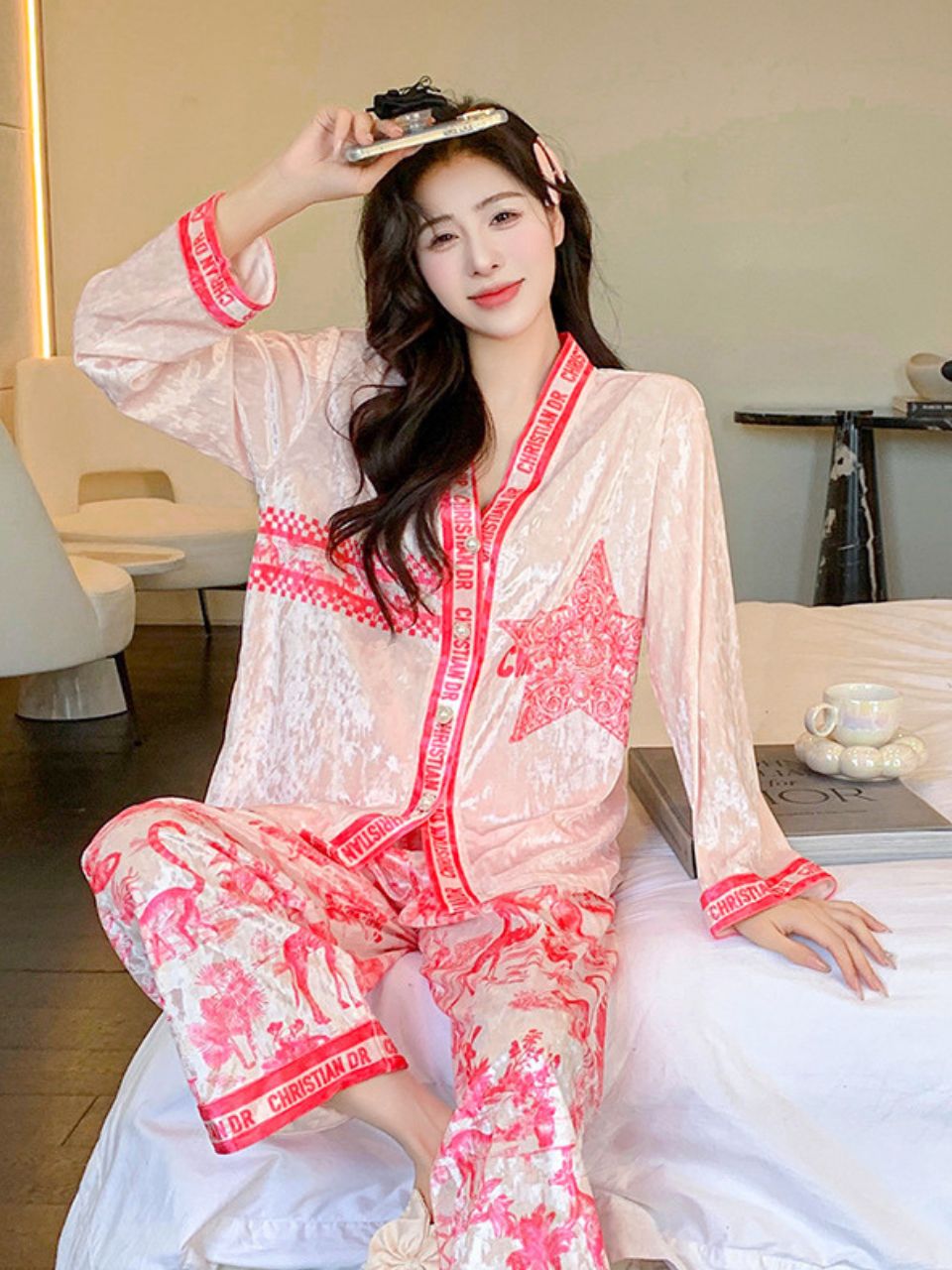 Đồ ngủ Pijama nhung kim cương sang chảnh mùa thu đông DN415240