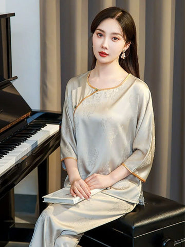 DN118250 얇은 중국풍 골드 컬러 실크 잠옷, 고급 자카드, 레트로 스타일