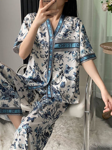 Đồ ngủ Pijama lụa cao cấp 3 món họa tiết xanh hoàng gia sang trọng DN418240