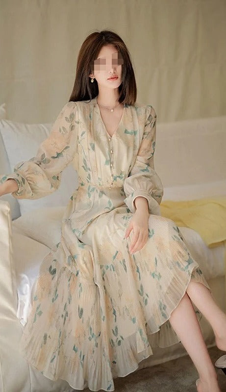 Váy voan hoa dáng dài + áo cadigan len mỏng thanh lịch, nhẹ nhàng, khí chất phong cách kiểu Pháp D1802400