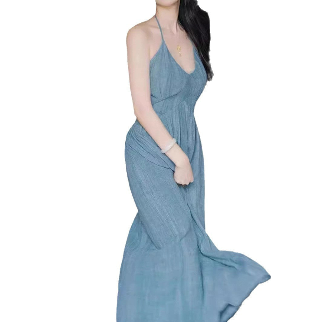 Váy 2 dây cổ V màu xanh phong cách hiện đại nhẹ nhàng quyễn rũ đi chơi du lịch xu hướng hè thu mới nhất D193240