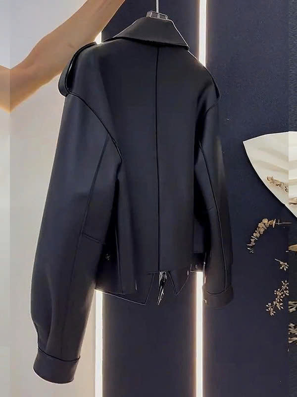 D579240 레트로 칼라 가죽 재킷 블랙 컬러 가을/겨울 신상 트렌드 포켓