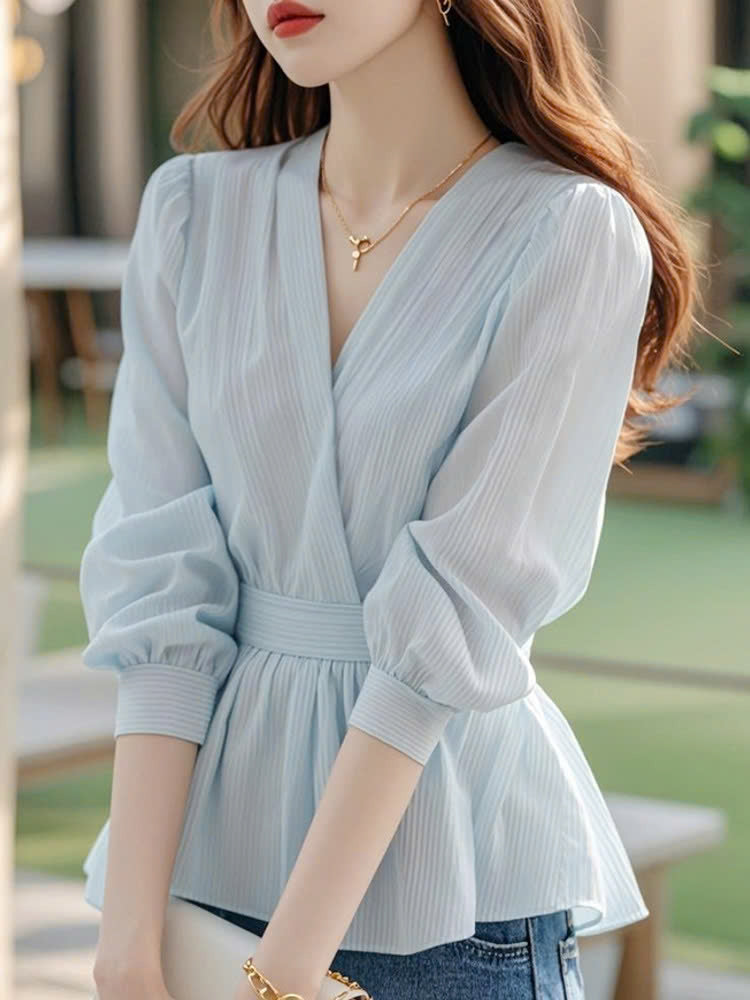 Áo sơ mi thắt eo sọc voan xanh nhạt phong cách Hàn Quốc D595240