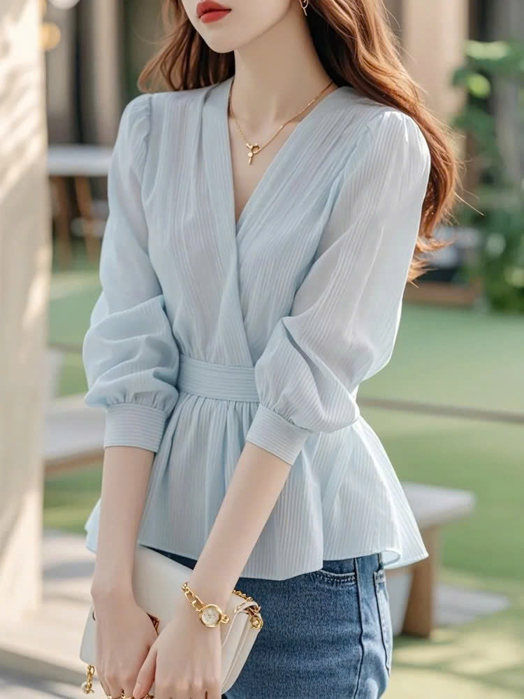 Áo sơ mi thắt eo sọc voan xanh nhạt phong cách Hàn Quốc D595240