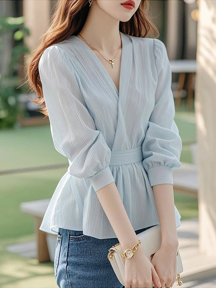 Áo sơ mi thắt eo sọc voan xanh nhạt phong cách Hàn Quốc D595240