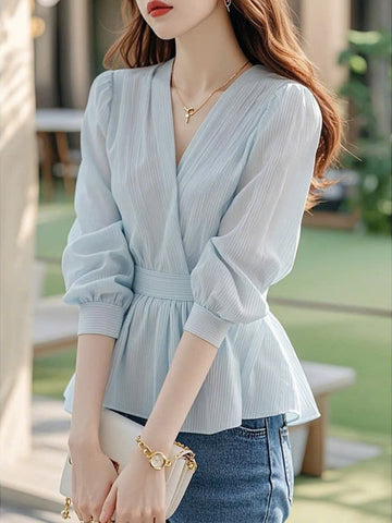 Áo sơ mi thắt eo sọc voan xanh nhạt phong cách Hàn Quốc D595240