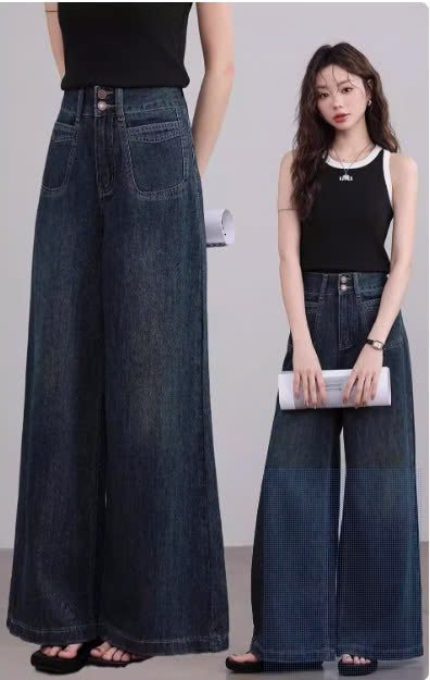 Quần jean ống rộng đứng cạp cao màu xanh đậm phong cách Vintage Retro QJ101240