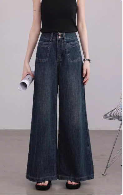 Quần jean ống rộng đứng cạp cao màu xanh đậm phong cách Vintage Retro QJ101240